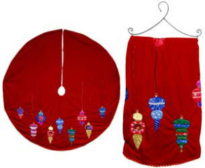 Red Tree Skirt with Decorative Ornament Appliques